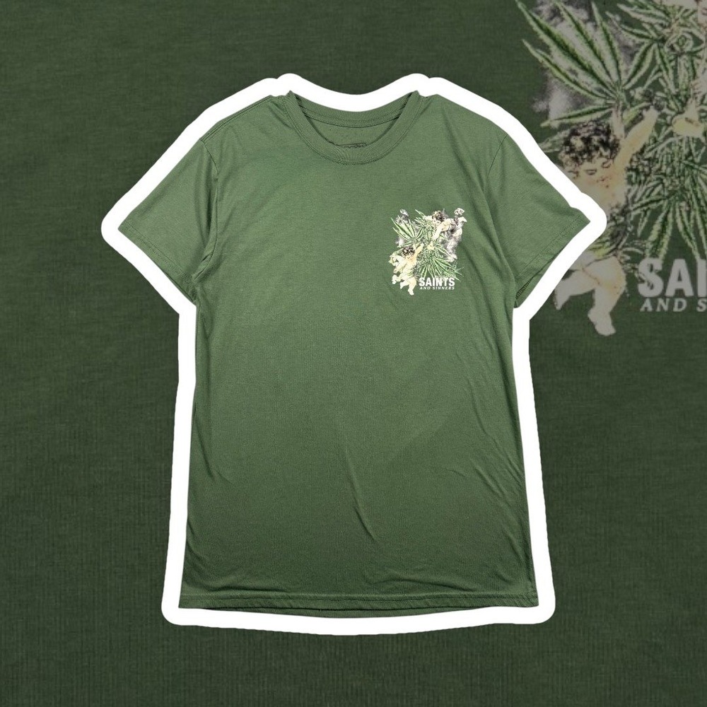 Fresh Laundry Saints and Sinners Cherub Cannabis T-Shirt Mens M Green Tee